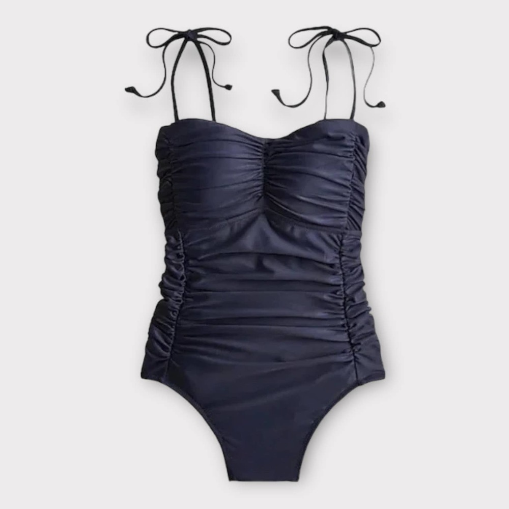 J Crew (8) Ruched Tie-Shoulder One-Piece Black NWOT